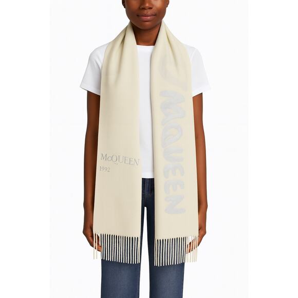 Alexander McQueen Oversized Graffiti Logo Scarf Ivory Silver Wool Silk NWT Rare - Picture 1 of 16